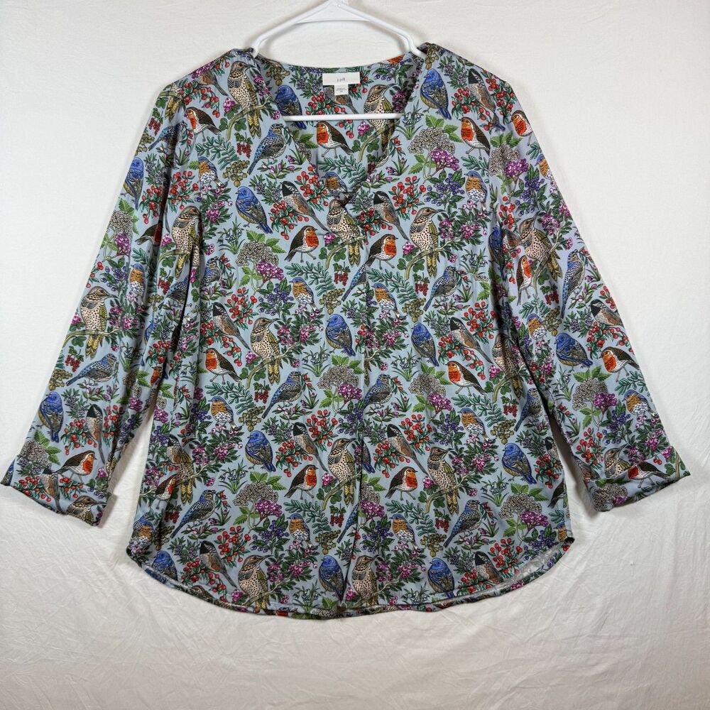 J.Jill Perched Birds Printed Popover Blouse Size XS